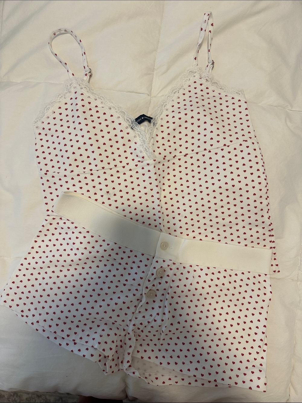 Brandy Melville White Cami & Boxer Short Pajama Set with Red Heart Print